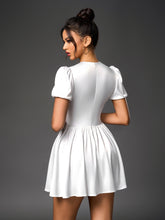 Deep V-Neck Puff Sleeve Pleated Satin Dress